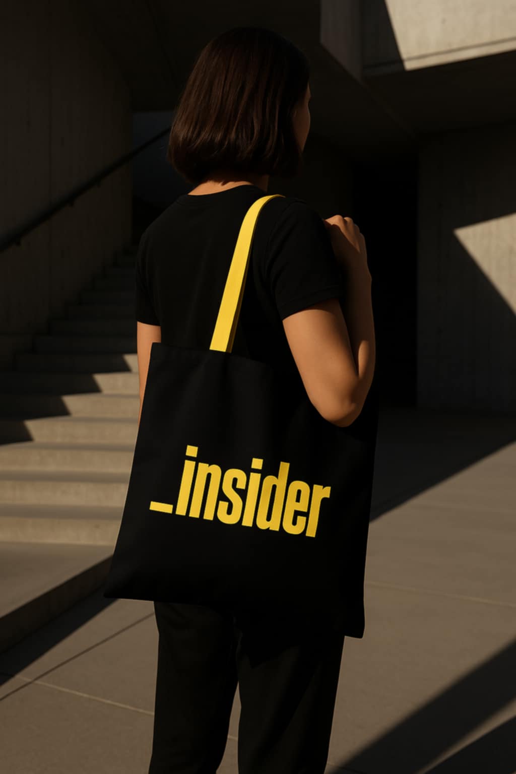 Czarna, materiałowa torba na ramię z jaskrawożółtym uchem oraz dużym, żółtym napisem _insider.
